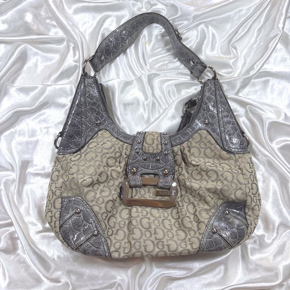 y2k Guess Hobo Bag Grey Excellent Monogram Croc Embossed Studded Buckle Shoulder